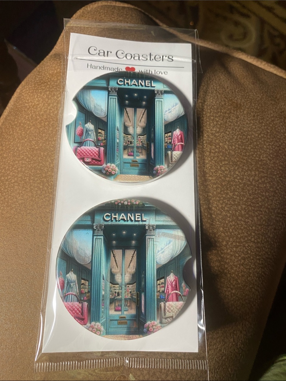 CHANEL Teal Boutique Illustrated Car Coasters - Pink Accent Set